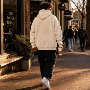 NHIM Apparel God Is Everywhere Heavyweight Hoodie Size M Beige Pullover Fleece
